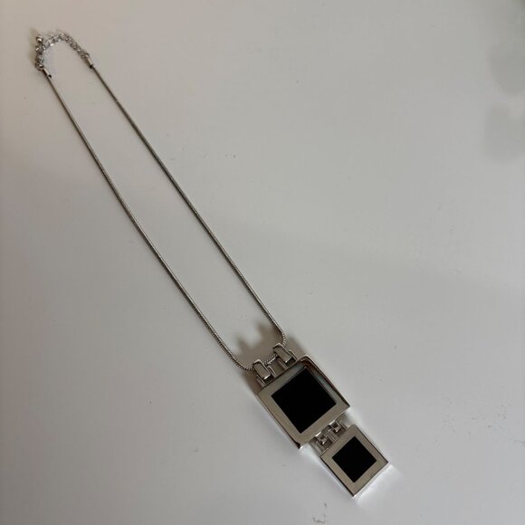 Black Double Square Pendant Necklace Silver Tone Snake Chain Minimalist Modern - Picture 8 of 8